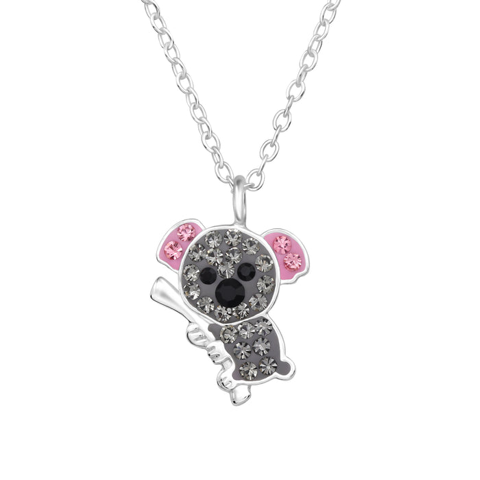 Joy|S - Zilveren koala hanger - inclusief ketting 45 cm - zilver met grijs en roze met grijs roze kristalletjes