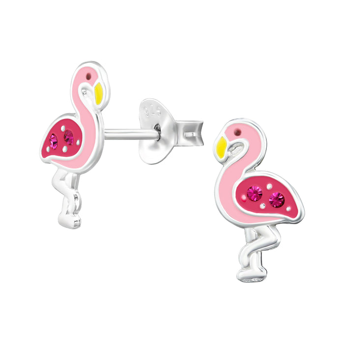 Joy|S - Zilveren flamingo oorbellen - 7 x 11.5 mm - roze - kristal - kinderoorbellen - vogel
