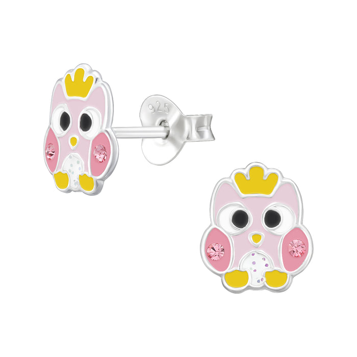Joy|S - Zilveren uil oorbellen - roze met geel kroontje - 7 x 8 mm - kristal - kinderoorbellen