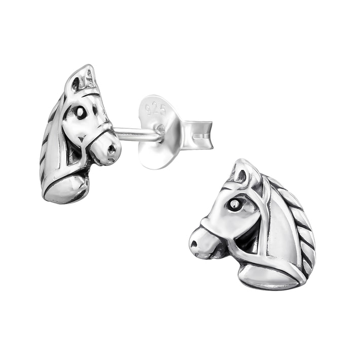Joy|S - Zilveren paard oorbellen - 7.7 x 8.5 mm - paardenhoofd - geoxideerd