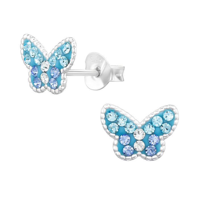 Joy|S - Zilveren vlinder oorbellen - blauw met lila en blauw kristal - 9 x 7 mm - kinderoorbellen
