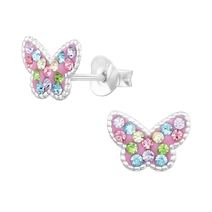 Joy|S - Zilveren vlinder oorbellen - roze met verschillende kleurtjes kristal - 9 x 7 mm - kinderoorbellen