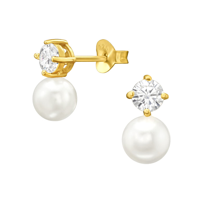 Joy|S - Zilveren parel oorbellen - 5.2 x 10.5 mm - wit met ronde zirkonia - gold plated