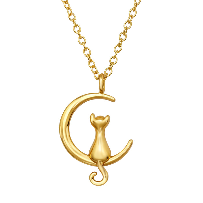 Joy|S - Zilveren kat op de maan hanger met ketting 45 cm - goudplating / goldplated