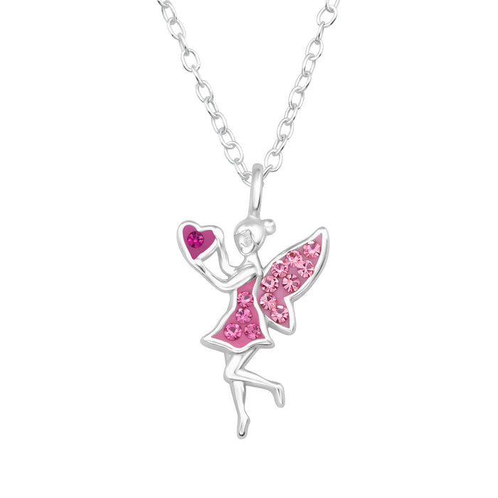 Joy|S - Zilveren fee / elfje hanger - hartje - fairy - inclusief ketting 45 cm - zilver met roze en roze kristal