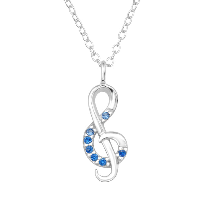 Joy|S - Zilveren muziek sleutel hanger met ketting 45 cm - met blauwe zirkonia's - muzieksleutel / muzieknoot