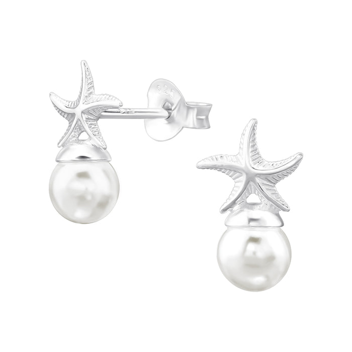 Joy|S - Zilveren ster met parel oorbellen - 7.5 x 13.5 mm - zeester - sterling zilver 925