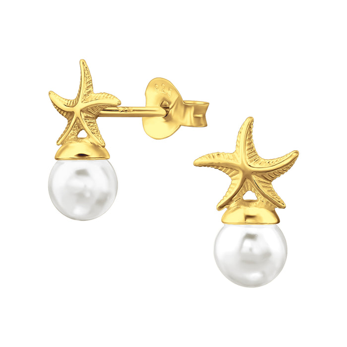 Joy|S - Zilveren ster met parel oorbellen - 7.5 x 13.5 mm - zeester - goudplating / gold plated