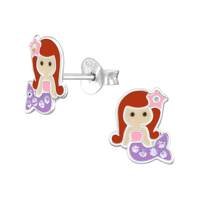 Joy|S - Zilveren zeemeermin oorbellen - 8.1 x 9.8 mm - bruin roze paars met lila kristal - kinderoorbellen