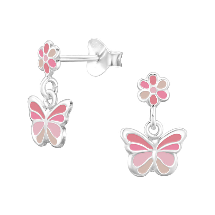 Joy|S - Zilveren bloem met vlinder bedel oorbellen - 8 x 12 mm - roze creme wit zilver - kinderoorbellen