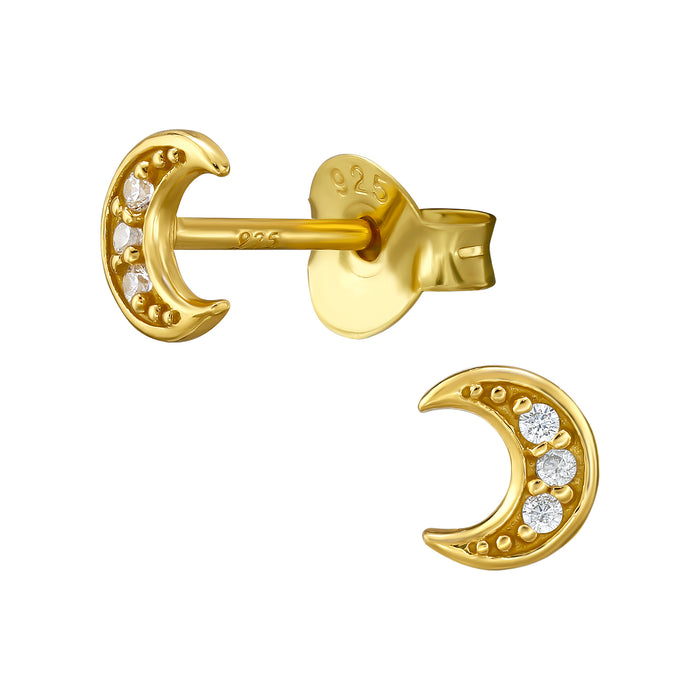 Joy|S - Zilveren maan oorbellen - 4 x 5 mm - zirkonia - oorknoppen - goudplating / goldplated - kinderoorbellen