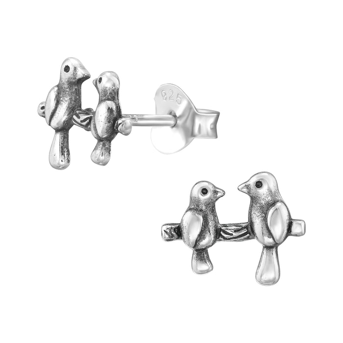 Joy|S - Zilveren vogel oorbellen - vogeltjes op een takje - 9 x 7 mm - geoxideerd - sterling zilver 925