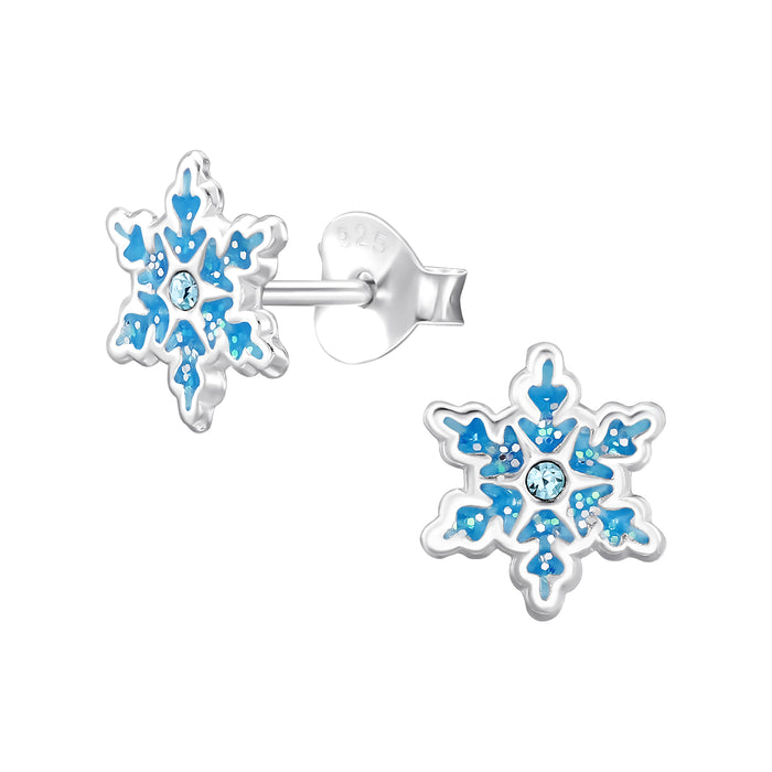 Joy|S - Zilveren sneeuwvlokje oorbellen - 7.3 x 8.3 mm - blauw met glittertjes en kristal - winter oorknopjes kerst - kinderoorbellen - sterling zilver 925