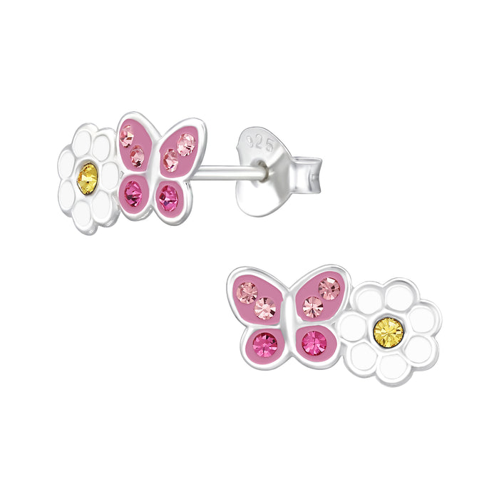 Joy|S - Zilveren vlinder met bloem oorbellen - 11.4 x 5.9 mm - roze vlindertje en witte bloem - kristal - sterling zilver 925