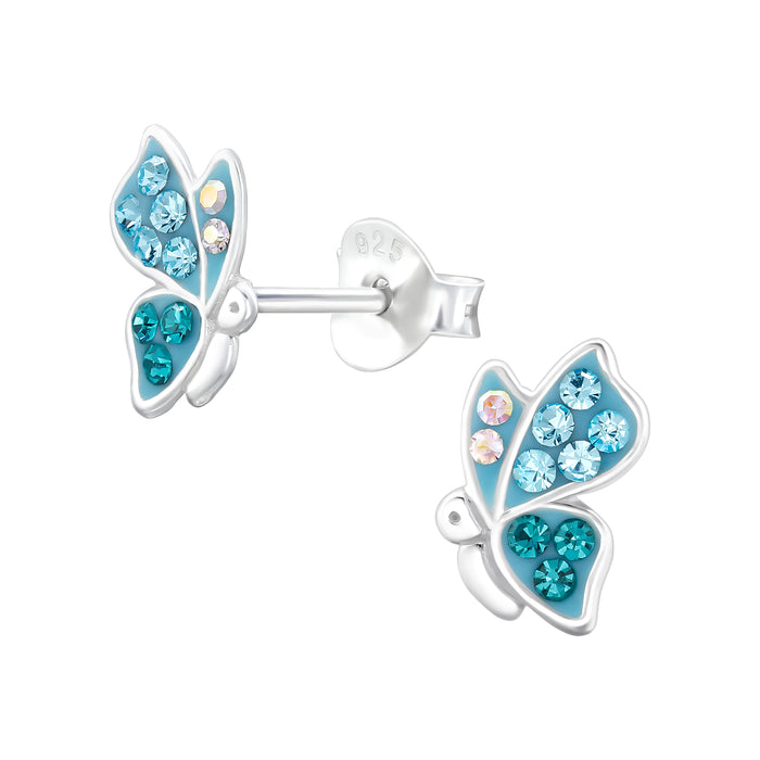 Joy|S - Zilveren vlinder oorbellen - 5.6 x 8.6 mm - blauw turquoise met kristalletjes - kinderoorbellen