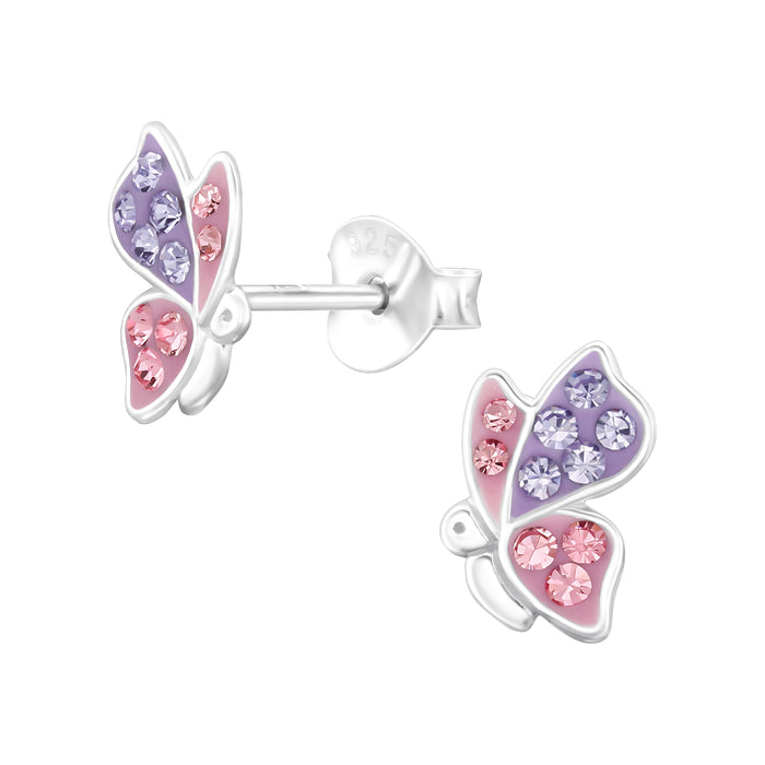 Joy|S - Zilveren vlinder oorbellen - 5.6 x 8.6 mm - paars roze met kristalletjes - kinderoorbellen