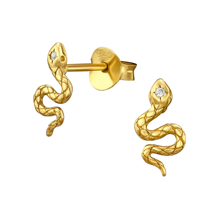 Joy|S - Zilveren slang oorbellen - oorknopjes - 5.1 x 9.6 mm - zirkonia - goudplating / gold plated