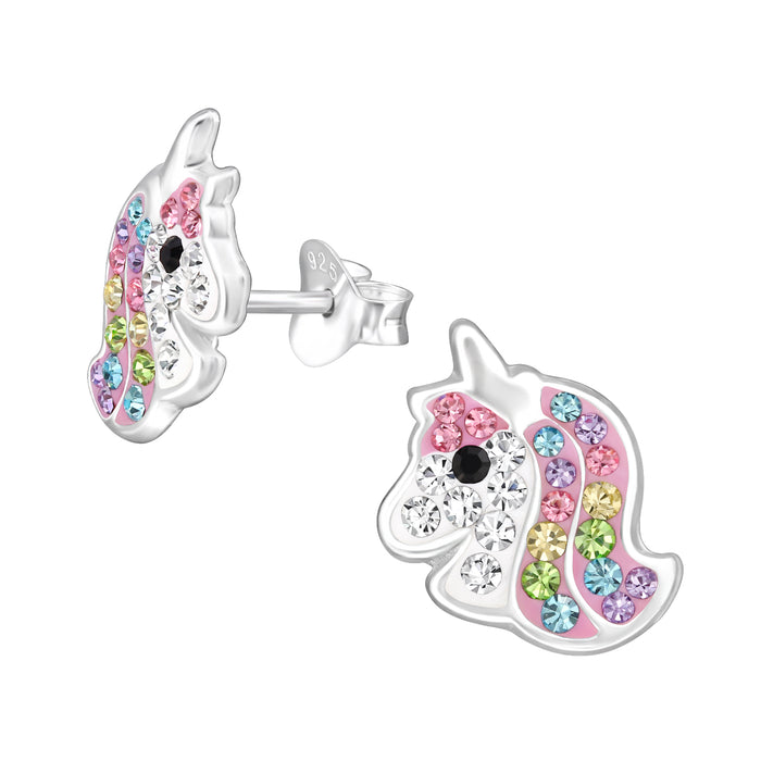 Joy|S - Zilveren eenhoorn oorbellen - roze met verschillende kleurtjes kristal - 10 x 9 mm - unicorn oorknoppen - kinderoorbellen