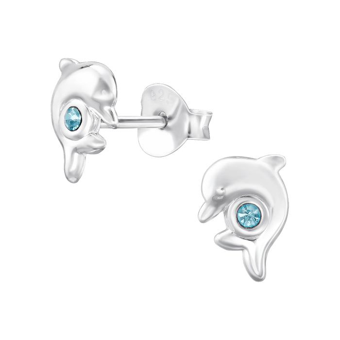 Joy|S - Zilveren dolfijn oorbellen - 5 x 7 mm - zilver met blauw kristal - kinderoorbellen