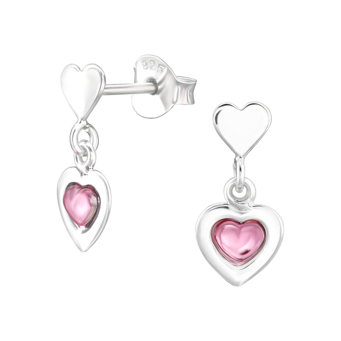 Joy|S - Zilveren hartje met hartje bedel oorbellen - 6.3 x 14 mm - roze zilver - kinderoorbellen