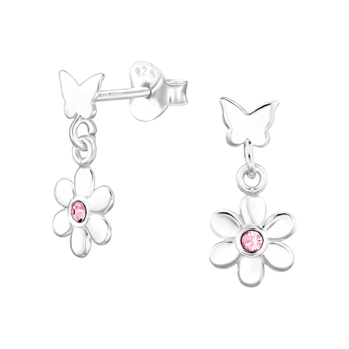 Joy|S - Zilveren vlinder met bloem bedel oorbellen - 6.2 x 14 mm - roze kristalletje - kinderoorbellen