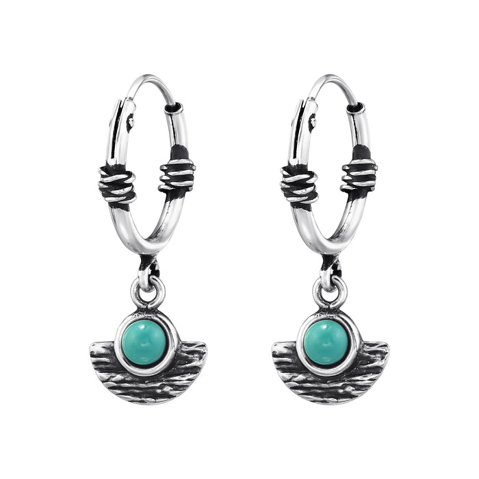 Joy|S - Zilveren Bali oorringen - 12 mm - geoxideerd - fantasie bedel blauw / groen / turquoise - sterling zilver 925