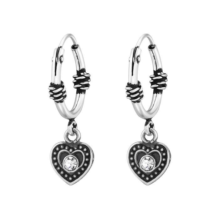 Joy|S - Zilveren Bali oorringen - 12 mm - geoxideerd - hartje bedel met kristal - sterling zilver 925
