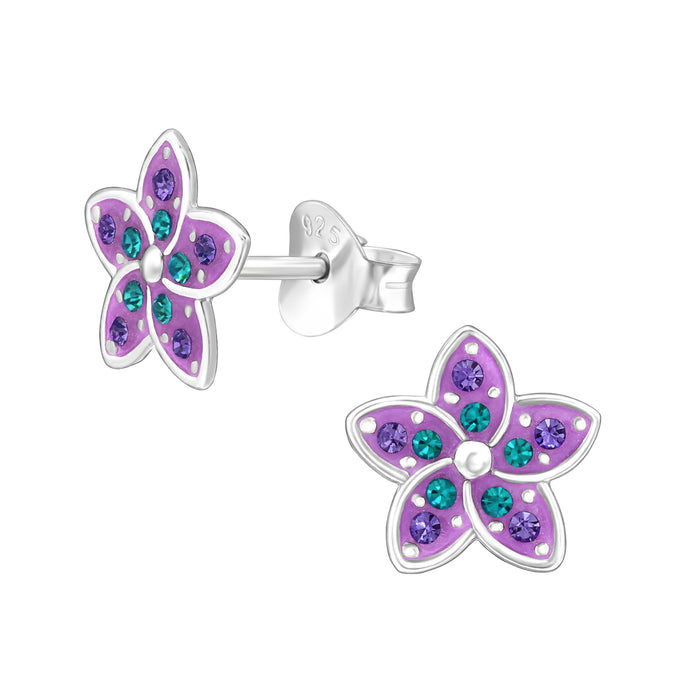 Joy|S - Zilveren bloem oorbellen - paars met paarse en groene kristalletjes - 8 mm - tropische bloem oorknoppen - sterling zilver 925