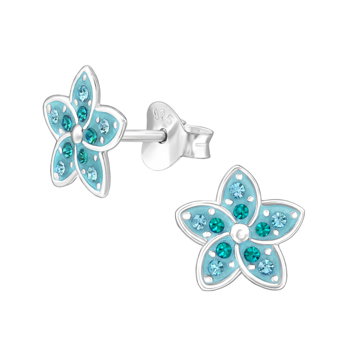 Joy|S - Zilveren bloem oorbellen - blauw met blauwe kristalletjes - 8 mm - tropische bloem oorknoppen - sterling zilver 925