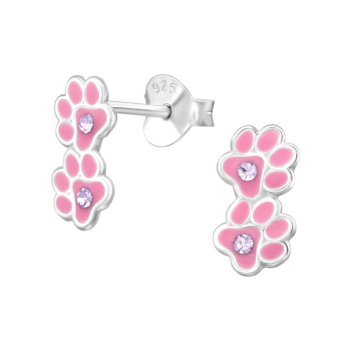 Joy|S - Zilveren kat hond dierenpootje oorbellen - roze - 8 x 10 mm - paars / lila kristal - poot afdruk - kinderoorbellen - sterling zilver 925
