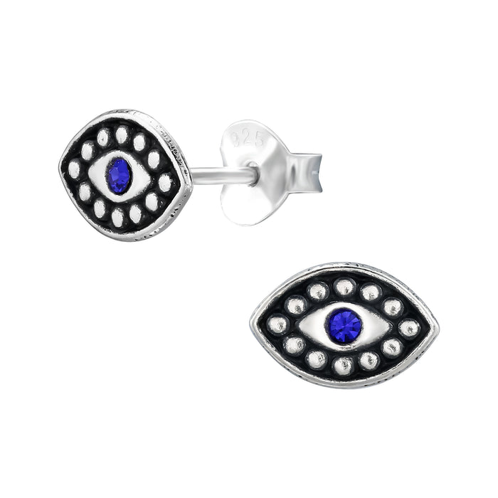 Joy|S - Zilveren boze oog oorbellen - evil eye - 8 x 6 mm - saffier blauw kristal - geoxideerd