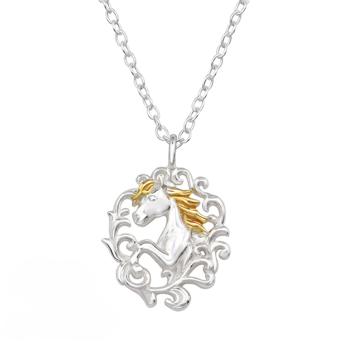 Joy|S - Zilveren paard hanger inclusief ketting - paardje met gold plated manen - sterling zilver 925 - 39 cm met een extra oogje op 36 cm - voor kinderen