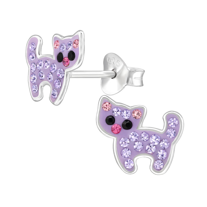 Joy|S - Zilveren kat poes oorbellen - 9.5 x 8.3 mm - paars roze met kristalletjes - kinderoorbellen