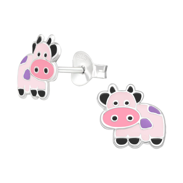 Joy|S - Zilveren koe oorbellen - 8.5 x 8 mm - roze paars - kinderoorbellen - sterling zilver 925