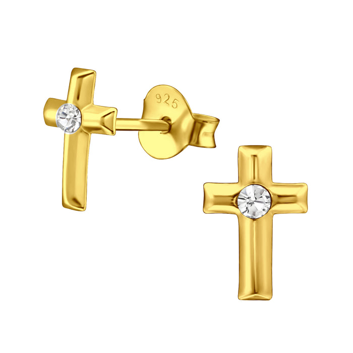 Joy|S - Zilveren kruisje oorbellen - 6 x 9 mm - kristal - kruis oorknoppen - gold plated
