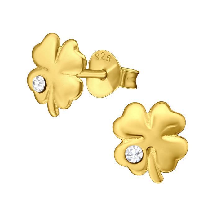 Joy|S - Zilveren klaver oorbellen - 7 x 8 mm - klavertje vier - kristal - oorknoppen - gold plated