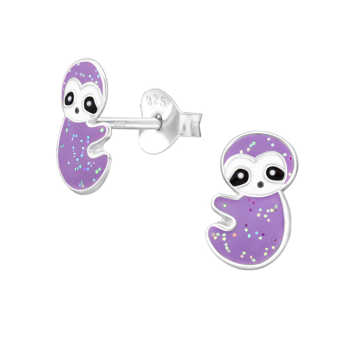 Joy|S - Zilveren luiaard oorbellen - 5.6 x 9.1 mm - paars met glittertjes - kinderoorbellen