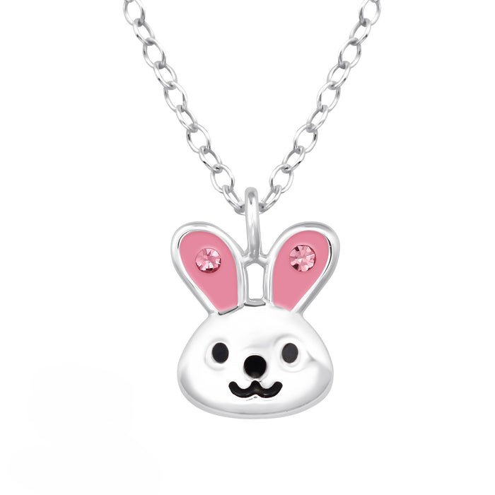 Joy|S - Zilveren konijn hanger met ketting - zilver met roze oortjes en kristalletjes - ketting 39 cm (verstelbaar 36 cm of 39 cm)