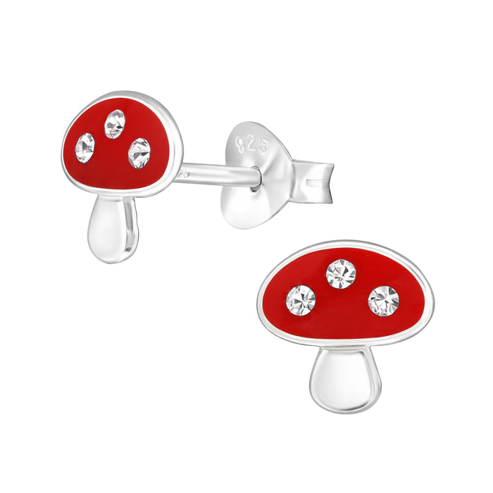 Joy|S - Zilveren paddenstoel oorbellen - 7.5 x 7.2 mm - rood met witte kristal stippen - kinderoorbellen
