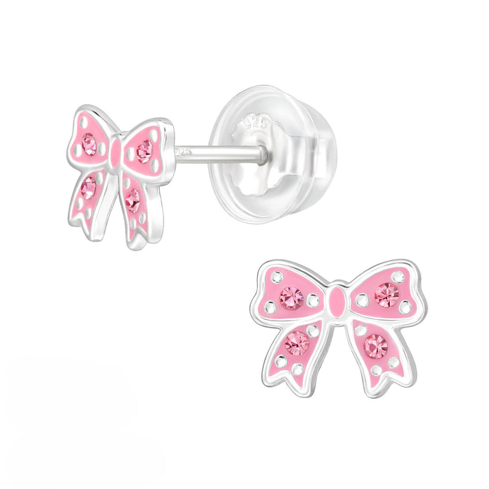 Joy|S - Zilveren strikje oorbellen - massief - zilver roze met kristal - 7.9 x 6 mm - kinderoorbellen - extra zacht sluiting (vlindersluiting met siliconen omhulsel)