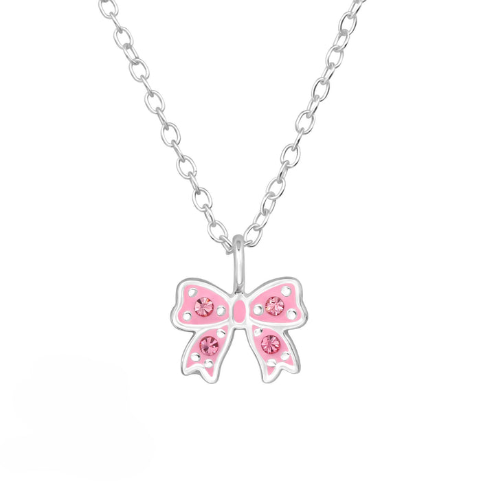 Joy|S - Zilveren strik hanger met ketting - roze strikje met kristal - ketting 39 cm (verstelbaar 36 cm of 39 cm)