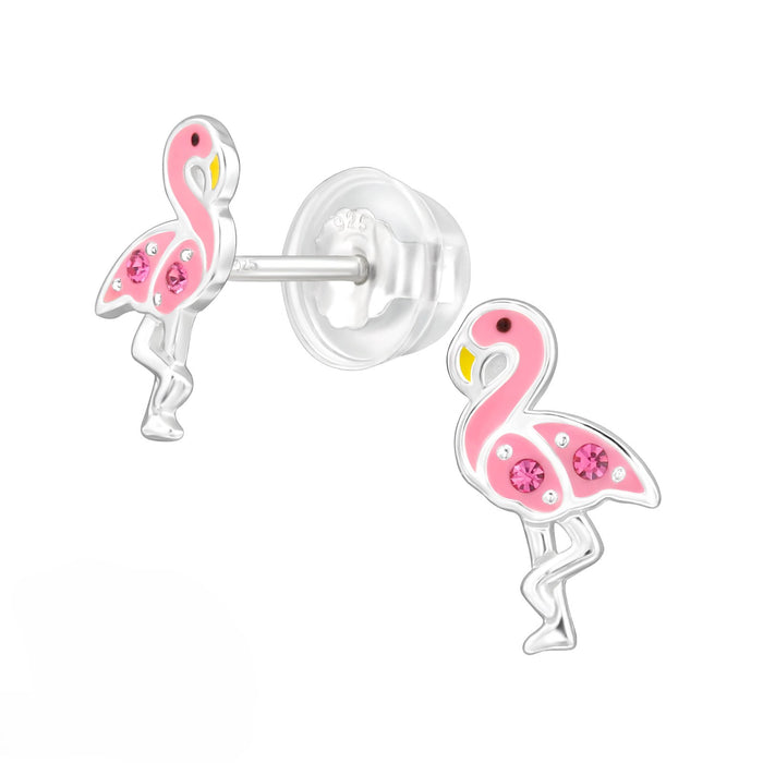 Joy|S - Zilveren flamingo oorbellen - massief - zilver roze met roze kristalletjes - vogel - 5.3 x 10.3 mm - kinderoorbellen - extra zacht sluiting (vlindersluiting met siliconen omhulsel)