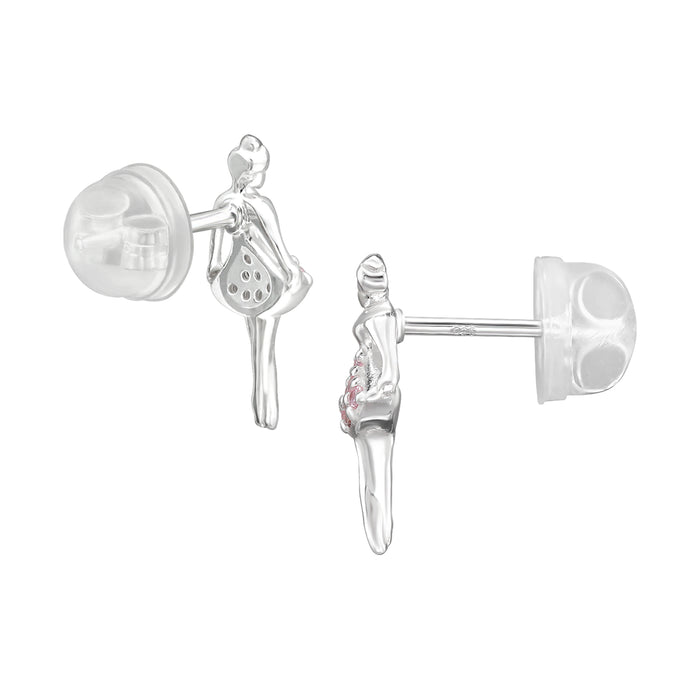 Joy|S - Zilveren ballerina danseres oorbellen - massief - zilver roze met zirkonia - 5.6 x 13 mm - kinderoorbellen - extra zacht sluiting (vlindersluiting met siliconen omhulsel)