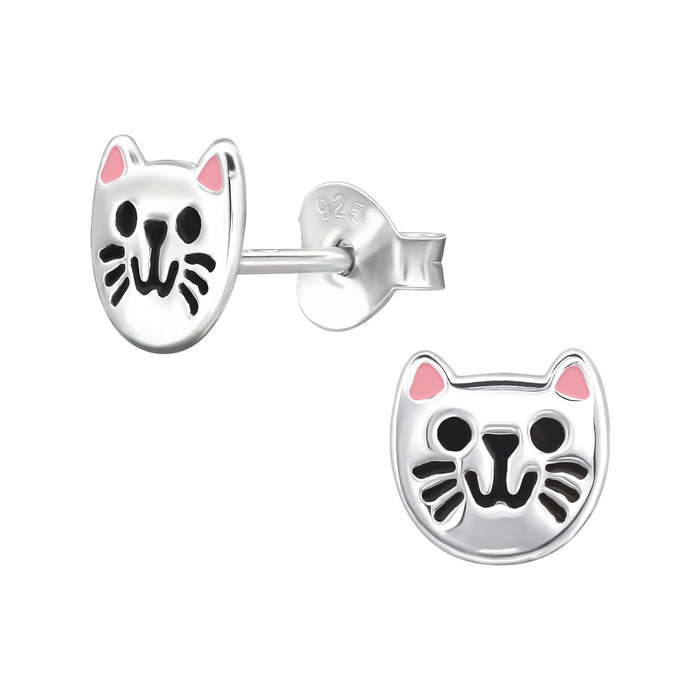 Joy|S - Zilveren kat poes oorbellen - zilver gepolijst met roze oortjes en zwarte accentjes - 6.5 mm - oorknoppen - kinderoorbellen