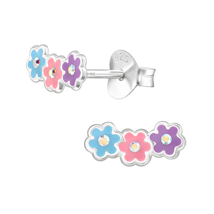 Joy|S - Zilveren bloem oorbellen - 3 bloemetjes roze blauw en paars - 9.5 x 4 mm - sterling zilver 925 - oorknoppen - kinderoorbellen