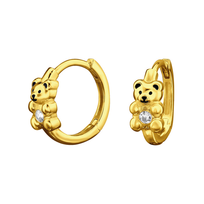 Joy|S - Zilveren beer oorbellen - oorringen - beertje met zirkonia - klap scharnier - 12 mm - sterling zilver 925 - gold plated