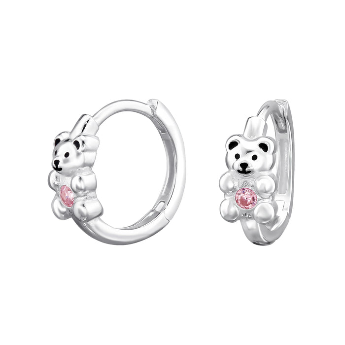 Joy|S - Zilveren beer oorbellen - oorringen - beertje met roze zirkonia - klap scharnier - 12 mm - sterling zilver 925