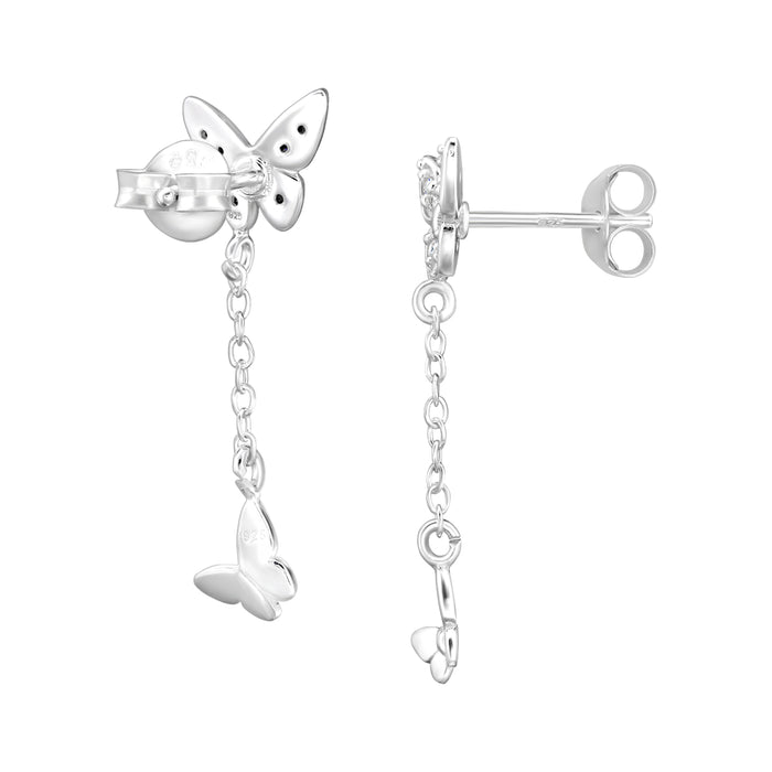 Joy|S - Zilveren vlinder bedel oorbellen - vlinder oorknoppen met hangend vlindertje - kettinkje - 7 x 26 mm - zirkonia - sterling zilver 925