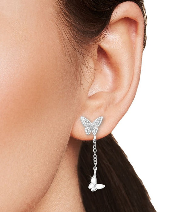 Joy|S - Zilveren vlinder bedel oorbellen - vlinder oorknoppen met hangend vlindertje - kettinkje - 7 x 26 mm - zirkonia - sterling zilver 925