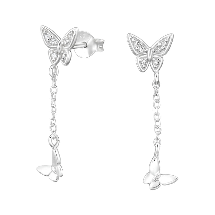 Joy|S - Zilveren vlinder bedel oorbellen - vlinder oorknoppen met hangend vlindertje - kettinkje - 7 x 26 mm - zirkonia - sterling zilver 925
